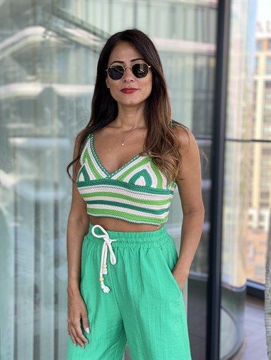 Bej Yeşil Çizgili Triko Kadın Büstiyer