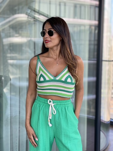 Bej Yeşil Çizgili Triko Kadın Büstiyer