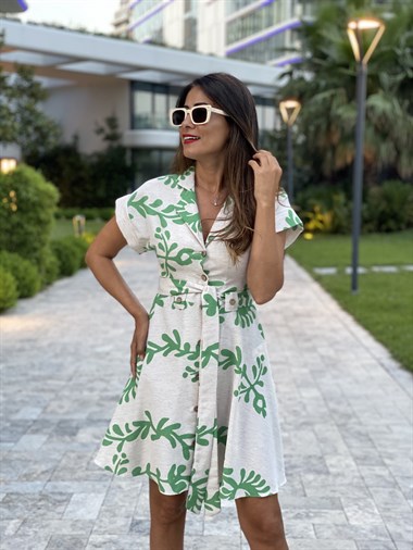 Bej Yeşil Desenli Ceket Yaka Keten Kadın Elbise