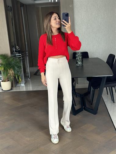 Bej Yüksek Bel Geniş Paça Önü Çımalı Likralı Krep Kadın Pantolon