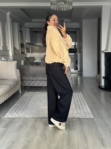 Bej Zikzak Desenli Yarım Fermuarlı  Peluş Kadın Sweatshirt