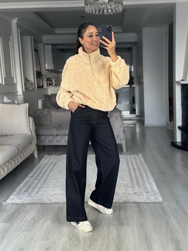 Bej Zikzak Desenli Yarım Fermuarlı  Peluş Kadın Sweatshirt