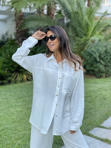 Beyaz Aerobin Gömlek Pantolon Kadın Takım