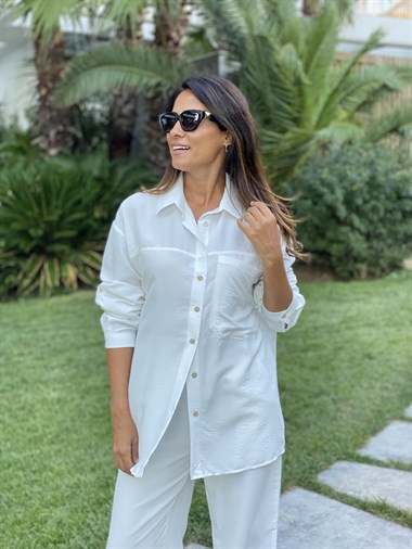 Beyaz Aerobin Gömlek Pantolon Kadın Takım