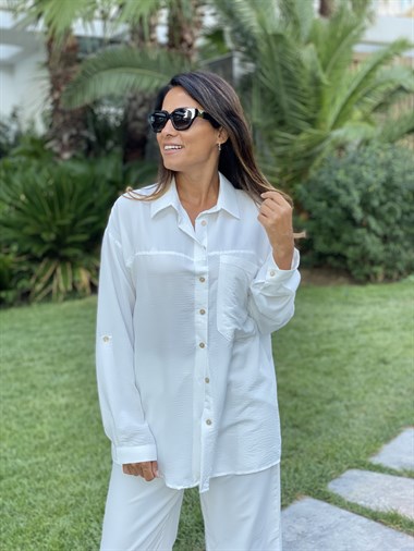 Beyaz Aerobin Gömlek Pantolon Kadın Takım