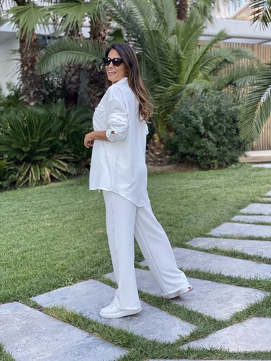 Beyaz Aerobin Gömlek Pantolon Kadın Takım