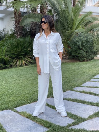 Beyaz Aerobin Gömlek Pantolon Kadın Takım