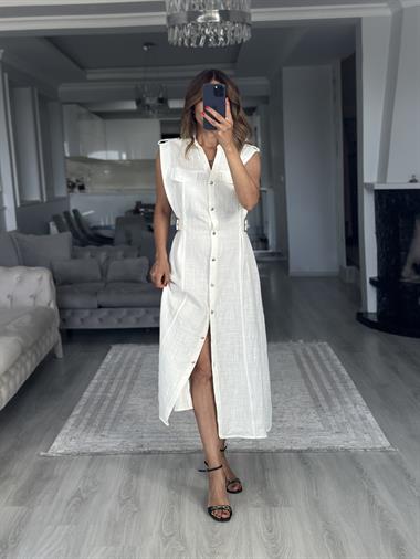 Beyaz Apoletli Sıfır Kol Midi Boy Kadın Gömlek Elbise