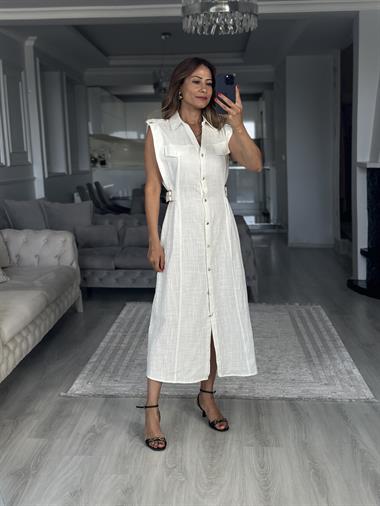 Beyaz Apoletli Sıfır Kol Midi Boy Kadın Gömlek Elbise