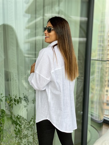 Beyaz Arka Roba Örme Flam Keten Kadın Gömlek