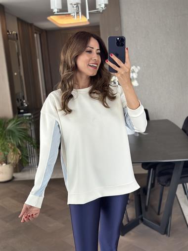 Beyaz Arkası Çizgili Bisiklet Yaka Kadın Sweatshirt