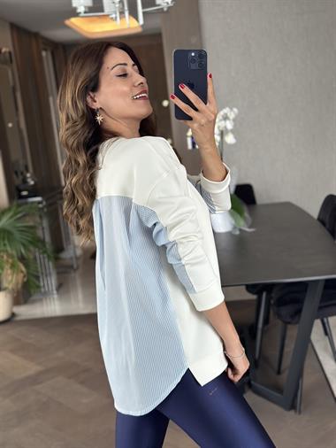 Beyaz Arkası Çizgili Bisiklet Yaka Kadın Sweatshirt