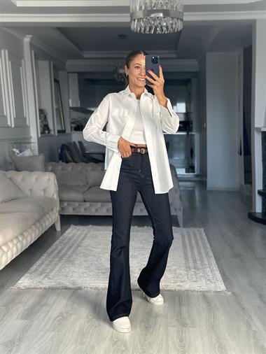 Beyaz Arkası Yırtmaçlı Dikiş Detay Poplin Kadın Gömlek