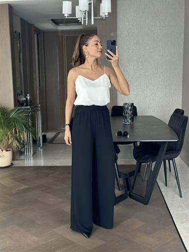 Beyaz Askıları Lastik Saten Kadın Bluz