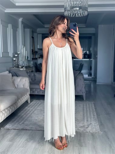 Beyaz Askılı Eteği Saçaklı Salaş Midi Boy Kadın Elbise