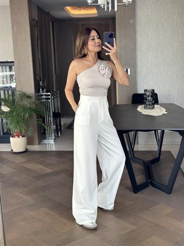 Beyaz Atlas Kumaş Palazzo Kadın Pantolon