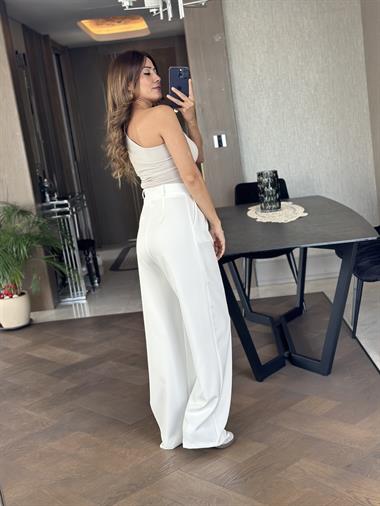 Beyaz Atlas Kumaş Palazzo Kadın Pantolon