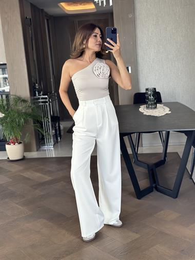 Beyaz Atlas Kumaş Palazzo Kadın Pantolon