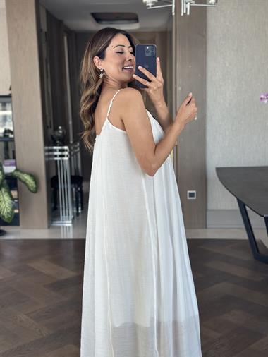 Beyaz Ayarlanabilir Askılı Astarlı Salaş Maksi Boy Kadın Elbise
