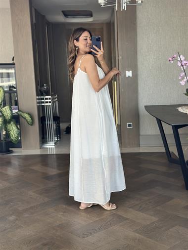 Beyaz Ayarlanabilir Askılı Astarlı Salaş Maksi Boy Kadın Elbise