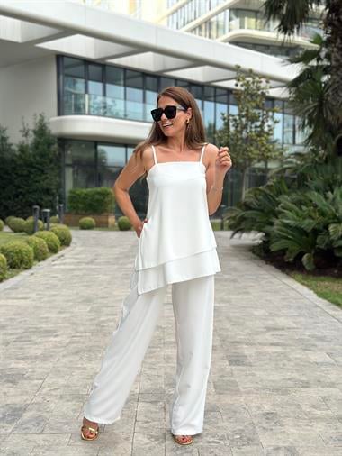 Beyaz Ayarlanabilir Askılı Çift Katlı Bluz Pantolon İkili Kadın Takım