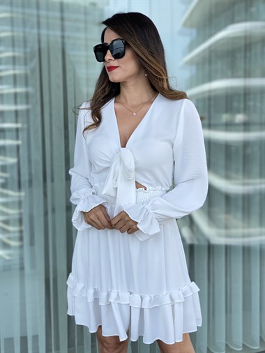 Beyaz Bağlama Detay Bel Gipeli Aerobin Elbise