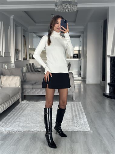 Ekru Balıkçı Yaka Kolu Droplu Kadın Triko Kazak