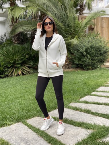 Beyaz  Basic Kapüşonlu Fermuarlı Kadın Sweatshirt