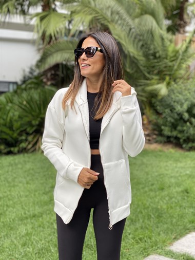 Beyaz  Basic Kapüşonlu Fermuarlı Kadın Sweatshirt