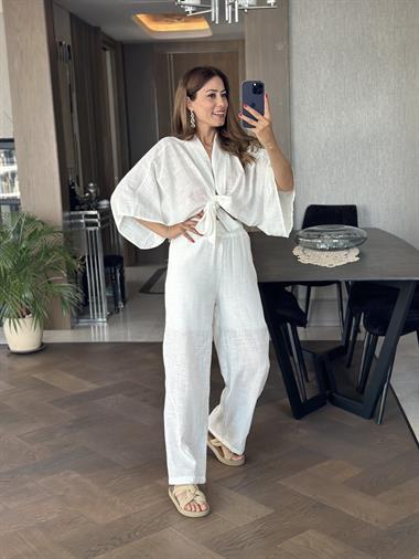 Beyaz Belden Bağlamalı Bluz Pantolon Keten Kadın İkili Takım