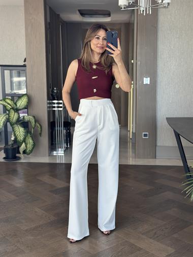 Beyaz Beli Cırtlı Likralı Krep Palazzo Kadın Pantolon