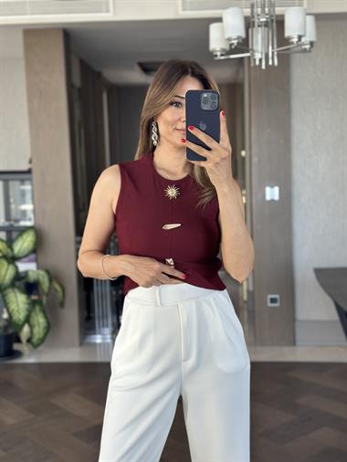 Beyaz Beli Cırtlı Likralı Krep Palazzo Kadın Pantolon