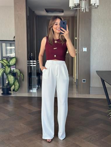 Beyaz Beli Cırtlı Likralı Krep Palazzo Kadın Pantolon