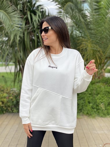 Beyaz Bisiklet Yaka Tek Cepli Kadın Sweatshirt