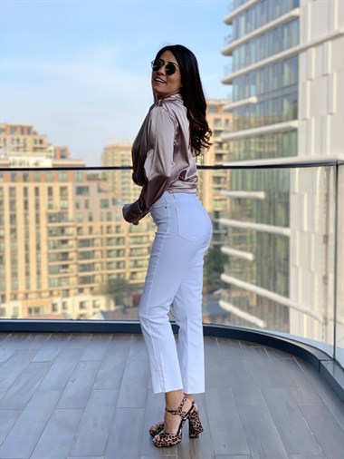 Beyaz Boy Fit Kadın Jean Pantolon