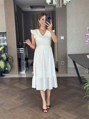 Beyaz Brode V Yaka Kolları Volanlı Kadın Elbise
