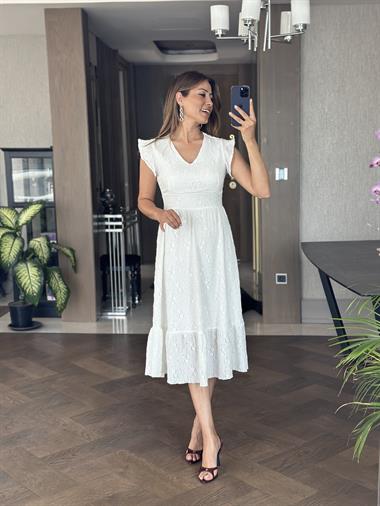 Beyaz Brode V Yaka Kolları Volanlı Kadın Elbise