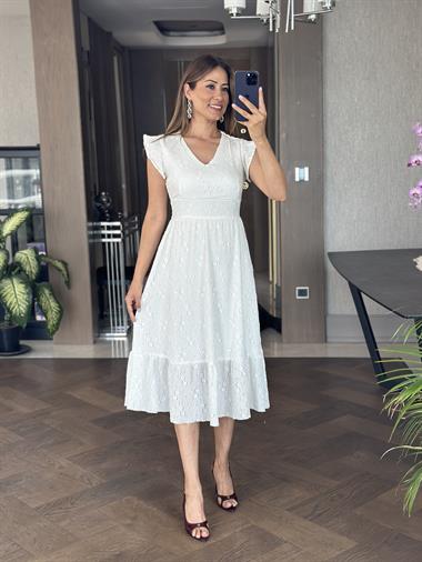 Beyaz Brode V Yaka Kolları Volanlı Kadın Elbise
