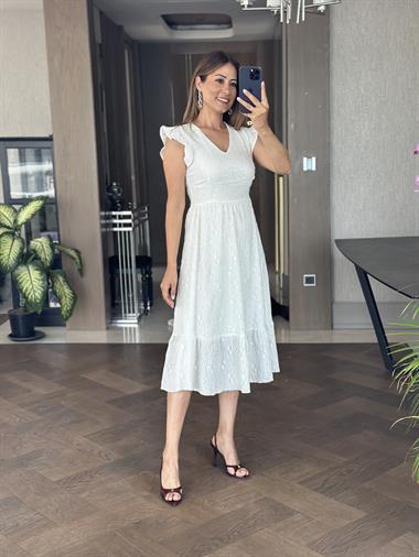 Beyaz Brode V Yaka Kolları Volanlı Kadın Elbise