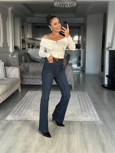 Beyaz Carmen Yaka Fermuarlı Ottoman Kadın Bluz