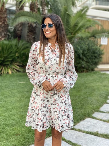 Beyaz Çiçek Desen Hakim Yaka Etek Ucu Volanlı Şifon Kadın Elbise Volanlı