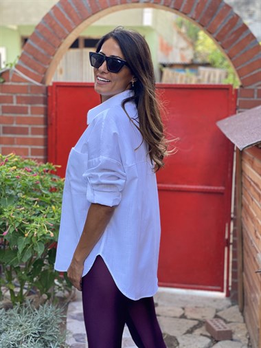 Beyaz Çift Cepli Flam Keten Kadın Gömlek