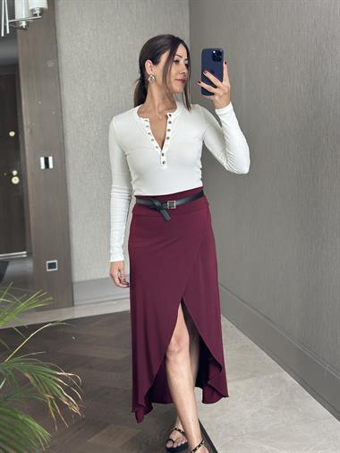 Beyaz Çıtçıt Düğmeli Bisiklet Yaka Uzun Kol Kaşkorse Kadın Body