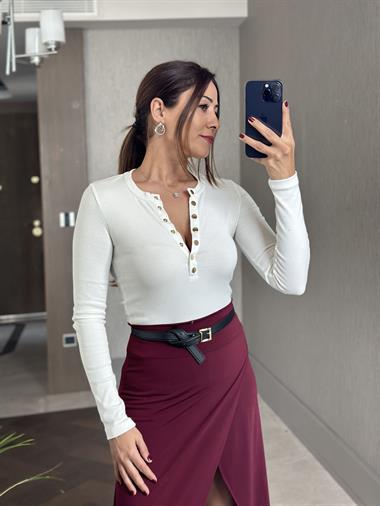 Beyaz Çıtçıt Düğmeli Bisiklet Yaka Uzun Kol Kaşkorse Kadın Body