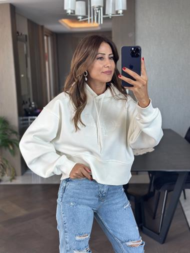 Beyaz Ck Model Kapüşonlu Kadın Sweatshirt
