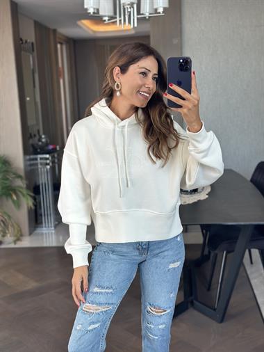 Beyaz Ck Model Kapüşonlu Kadın Sweatshirt