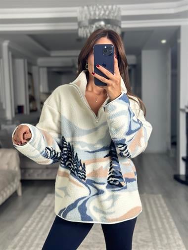 Beyaz Dağ Manzaralı Yarım Fermuarlı Desenli Kadın Sweatshirt