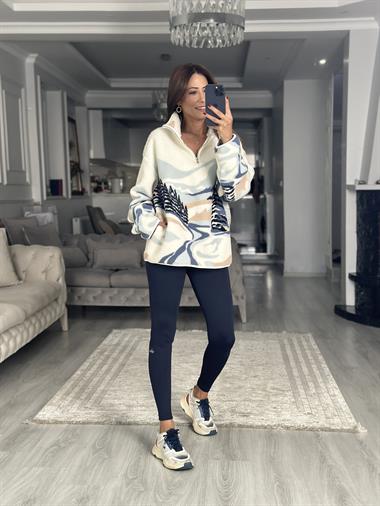 Beyaz Dağ Manzaralı Yarım Fermuarlı Desenli Kadın Sweatshirt