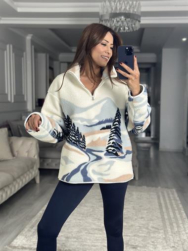 Beyaz Dağ Manzaralı Yarım Fermuarlı Desenli Kadın Sweatshirt