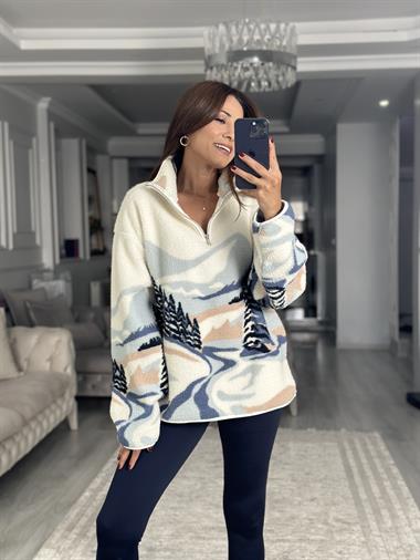Beyaz Dağ Manzaralı Yarım Fermuarlı Desenli Kadın Sweatshirt
